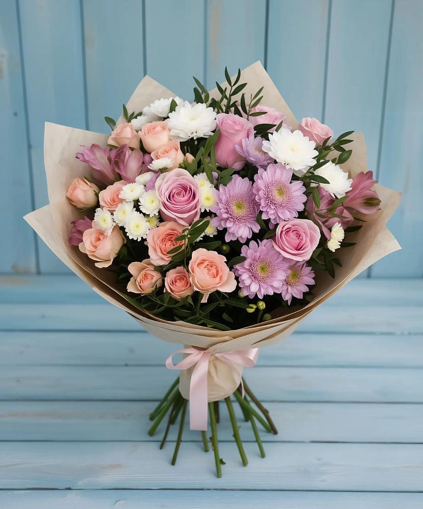 Букет цветов из: Хризантемы, Розы и Альстромерии в Епифань