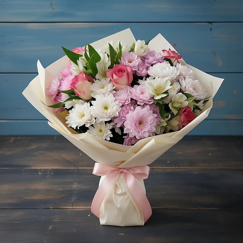 Букет цветов из: Хризантемы, Альстромерии и Розы в Епифань